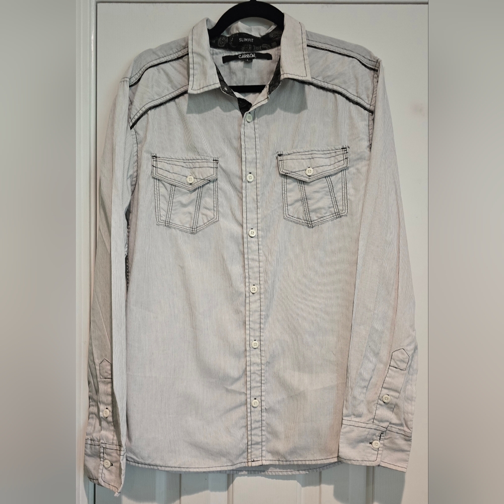 Men's Carbon Black & White Striped Slim Fit Long Sleeve Button Down Shirt Sz L